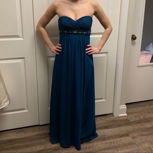 Turquoise/blue beaded Dave & Johnny strapless gown